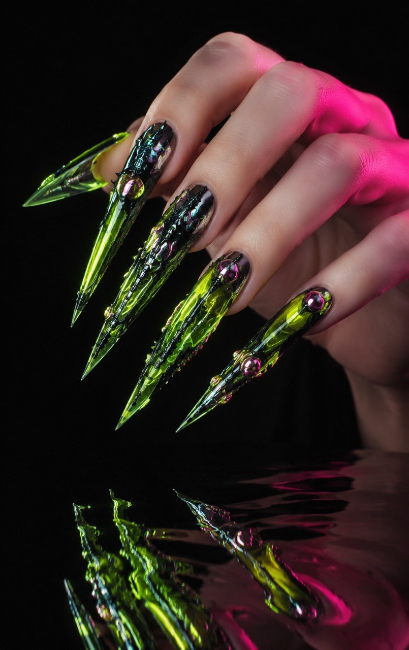 Неоново-зелёные острые ногти с футуристичным дизайном Nail Apokalipsis