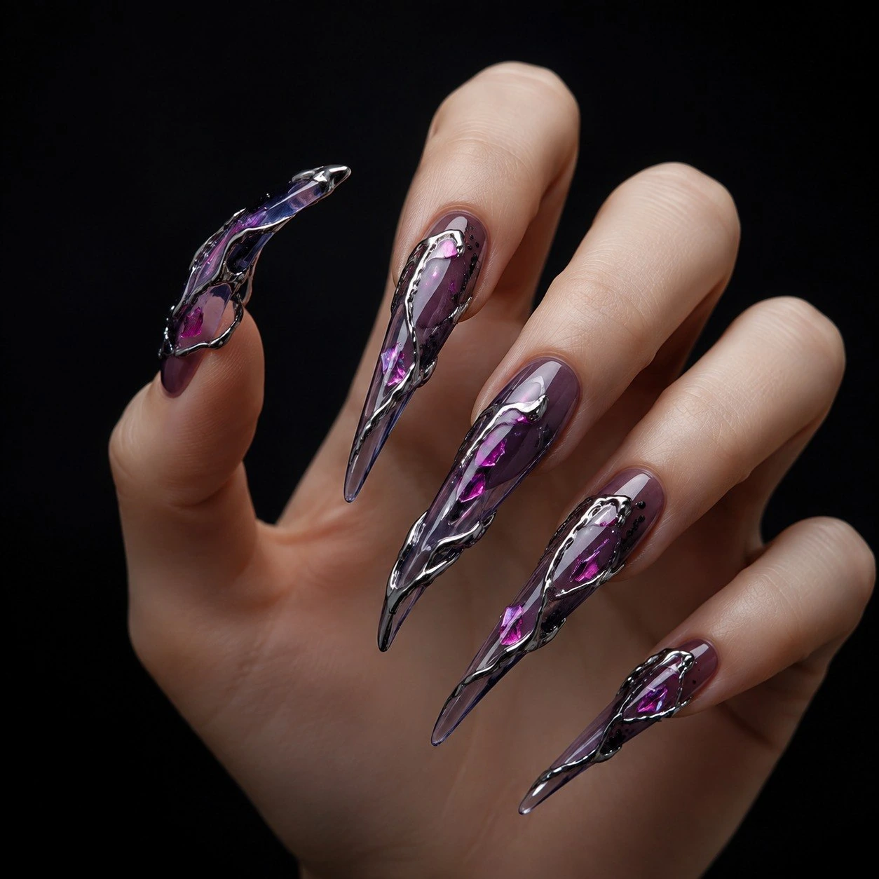 Фиолетовый авторский острый маникюр Nail Apokalipsis
